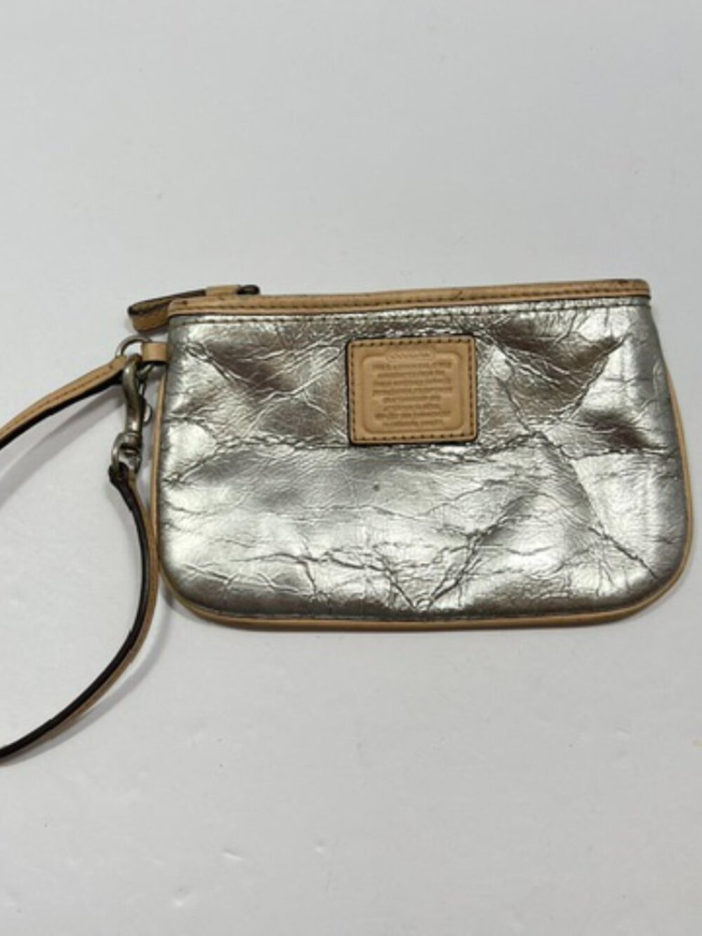 Coach Metallic Distressed Leather Top Zip Wristlet Silver